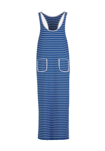 Robe sans manches à rayures horizontales bleues et blanches avec dos nageur et deux poches plaquées devant bordées d'un galon blanc.