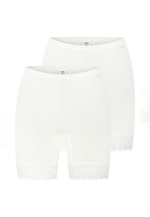 Deux sous-vêtements longs blancs pour femmes avec bordure en dentelle aux ouvertures des jambes, affichés en superposition sur un fond uni.