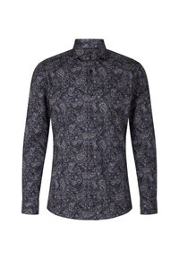Langarmhemd in Dunkelblau mit Paisleymuster in verschiedenen Farbtönen. Weicher Stoff mit tailliertem Design und Button-Down-Kragen.