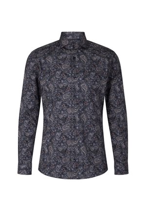 Langarmhemd in Dunkelblau mit Paisleymuster in verschiedenen Farbtönen. Weicher Stoff mit tailliertem Design und Button-Down-Kragen.