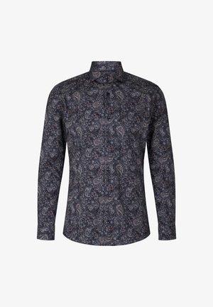 Camicia a maniche lunghe di colore blu scuro con motivo paisley in varie tonalità. Tessuto morbido con un design aderente e colletto button-down.