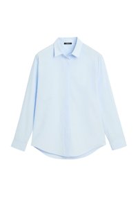Hellblaues Langarmhemd aus Baumwolle. Mit klassischem Kragen, Knopfleiste vorne und abgerundetem Saum. Glatte Textur ohne Muster.