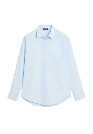 Ljusblå långärmad skjorta i bomull. Har en klassisk krage, knapplås framtill och rundad fåll. Slät textur utan mönster.
