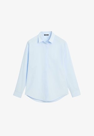 Hellblaues Langarmhemd aus Baumwolle. Mit klassischem Kragen, Knopfleiste vorne und abgerundetem Saum. Glatte Textur ohne Muster.