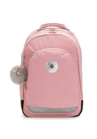 Zaino rosa in tessuto, con forma arrotondata, logo metallico, scomparto con cerniera e dettaglio pom-pom in pelliccia sintetica.