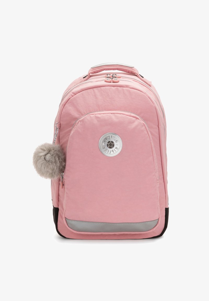 Zaino rosa in tessuto, con forma arrotondata, logo metallico, scomparto con cerniera e dettaglio pom-pom in pelliccia sintetica.