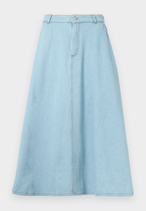 Heled sinine denim midi-seelik kõrge vöökoht, ees tõmblukk ja peene nõelutud detailiga, millel on puhas, laienev siluett.