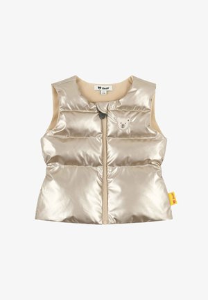 Beige Steppweste mit glänzender Oberfläche und Bärenlogo. Besitzt einen Reißverschluss auf der Vorderseite, ärmelloses Design und eine weiche Fütterung. Hergestellt aus synthetischen Materialien.