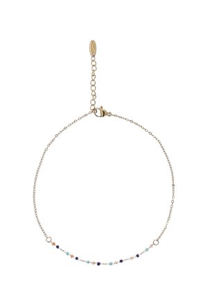 Hieno kultainen ketjukaulakoru, jossa on pieniä vuorottelevia helmiä turkoosissa, laivastonsinisessä ja persikassa sekä säädettävä lukko, jossa on merkintä.