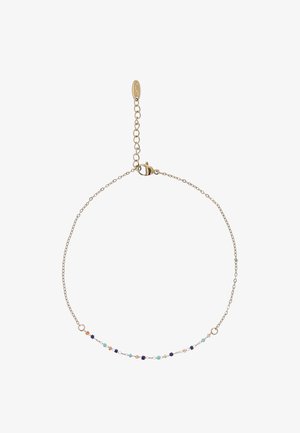 Hieno kultainen ketjukaulakoru, jossa on pieniä vuorottelevia helmiä turkoosissa, laivastonsinisessä ja persikassa sekä säädettävä lukko, jossa on merkintä.