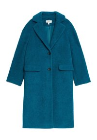 Abrigo de lana turquesa con cuello de solapa, dos bolsillos delanteros, cierre de un solo botón y acabado texturizado. Forrado con una tela de color sólido.