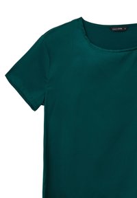 Blusa corta verde acqua di Calliope con scollo tondo, texture liscia e bordi puliti. Il tessuto sembra leggero e fluido.