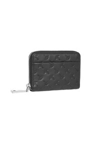 Black leather wallet with embossed pattern of small birds, zip closure, and silver hardware. Compact rectangular shape with smooth texture.