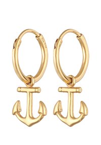 Goldfarbene Creolenohrringe mit Ankeranhängern, kreisförmigem Hoop-Design, glatter Metalloberfläche und polierter Verarbeitung mit Klappverschluss.