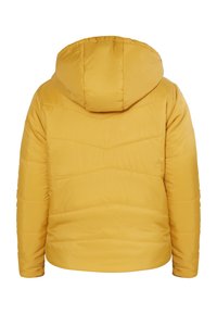 Gelbe Daunenjacke mit Kapuze, versehen mit einem gesteppten Design und elastischen Säumen. Glatte Textur ohne sichtbare Verschlüsse oder Akzente.