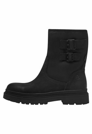 Bottines noires avec deux boucles, fabriquées en matériau imitation cuir. Présentent une semelle épaisse et texturée pour une bonne adhérence et un bon support.