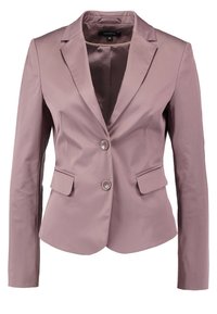 Blazer ajusté lilas clair avec deux boutons, revers, manches longues et poches à rabat sur les côtés avant.