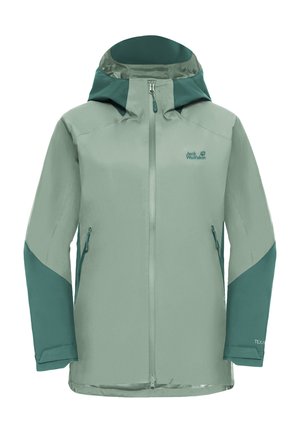 Giacca impermeabile verde chiaro con cappuccio e maniche color teal, dotata di tasche con cerniera e cordino regolabile. Progettata per uso esterno.