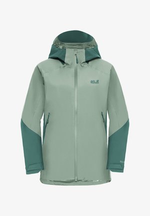 Giacca impermeabile verde chiaro con cappuccio e maniche color teal, dotata di tasche con cerniera e cordino regolabile. Progettata per uso esterno.