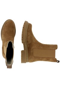 Kotníkové boty z semiše v barvě světle hnědé s elastickými bočními panely a pevnou gumovou podrážkou. Mají poutko pro snadné nazouvání a texturovaný povrch.