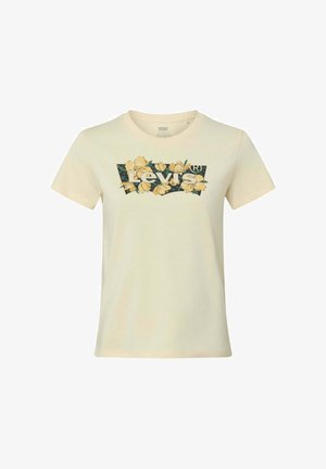 Cremefarbenes Levi's T-Shirt mit kurzen Ärmeln und floralem Design im Logo auf der Brust, mit gelben Blumen und dunkelgrünen Blättern.
