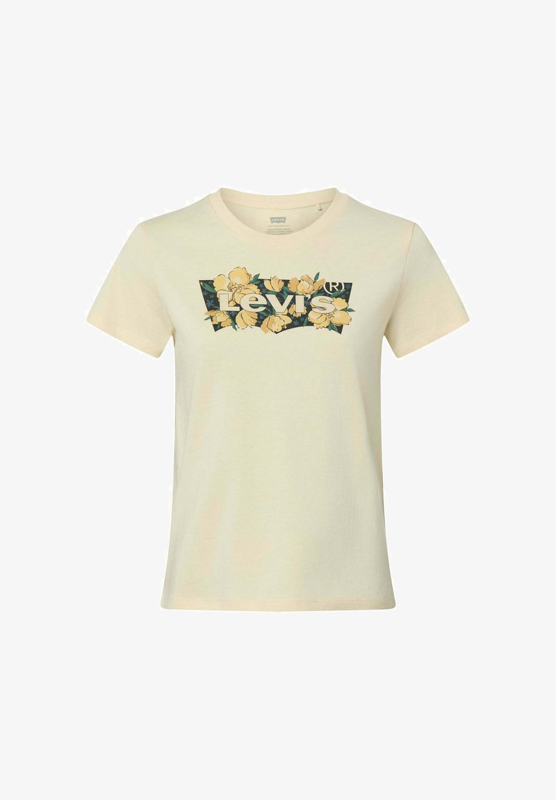 T-shirt Levi's crème à manches courtes avec un motif floral à l'intérieur du logo sur la poitrine, comprenant des fleurs jaunes et des feuilles vert foncé.