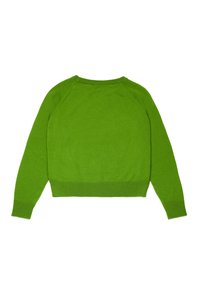 Grønn strikkegenser med ribbestrikket kant og mansjetter, rund hals og raglan ermer. Myk tekstur med jevn finish.