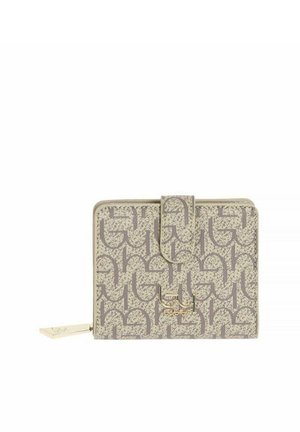 Portafoglio compatto beige con motivo monogramma grigio ricorrente, cursore della cerniera dorato ed emblema logo dorato sulla chiusura della patta frontale.