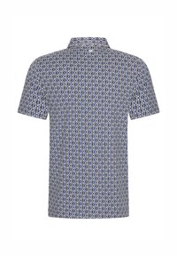 Camicia a maniche corte con un motivo geometrico in tonalità di blu, bianco e oro. Realizzata in tessuto leggero, con colletto e dettagli con bottoni.