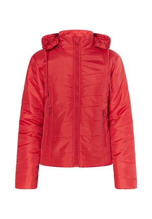 Chaqueta acolchada roja con cremallera frontal, dos bolsillos laterales con cremallera y capucha adjunta con cordones, presentada sobre un fondo blanco.