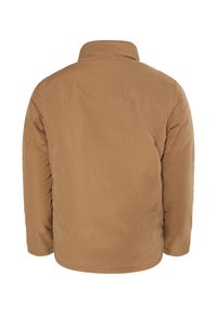 Brun, polstret jakke med høj krave, lange ærmer og en glat, mat overflade. Har vandret syninger og en let buet kant.