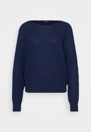 Navy blue knitted sweater with a round neckline, dropped shoulders, and ribbed cuffs and hem. Textured pattern throughout the fabric.