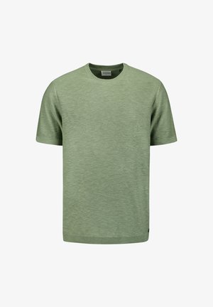 T-shirt en coton vert à manches courtes avec un col rond, un ourlet en côtes et une texture subtile. Présente un petit logo sur le côté.