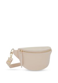 Vaalean beige nahkainen vyölaukku, jossa on kaareva muoto, kultainen vetoketju ja säädettävä hihna. Etupuolella on hienovaraisesti kohokuvioitu logo.