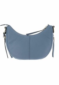 Blue leather shoulder bag with a crescent shape, textured surface, zip closure, and a detachable strap for versatility.