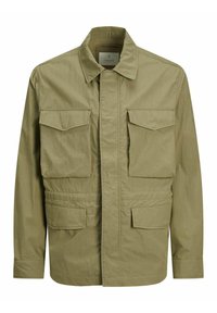 Ljus olivgrön jacka i strukturerad tyg, med krage och fyra framfickor med lock, designad i rak passform.