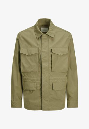 Heled oliivroheline jakk, mis on valmistatud struktureeritud kangast, millel on krae ja neli esimat jaotist, mis on kavandatud sirge lõikega.