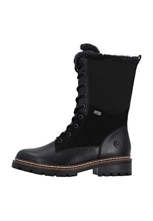 Schwarze wasserfeste Schnürstiefel aus einer Mischung aus Leder und Stoff, mit Kunstpelzbund, strukturiertem Finish und robust profilierter Sohle.