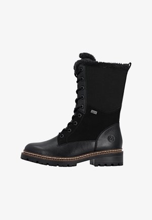 Black waterproof lace-up boots with a leather and fabric blend, faux fur cuff, textured finish, and a rugged tread sole.