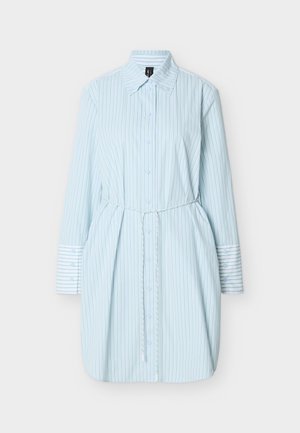 Light blue long-sleeve shirt dress with thin vertical white and blue stripes, button-down front, and a thin tie belt at the waist.