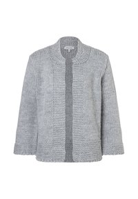 Grauer gestrickter Cardigan mit einem kragenlosen Design, das ein texturiertes Muster und eine offene Vorderseite aufweist. Lockere Passform mit langen Ärmeln.