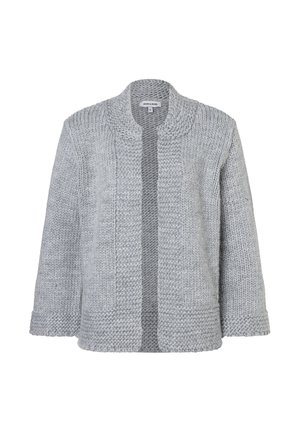 Cardigan en tricot gris avec un design sans col, présentant un motif texturé et une ouverture devant. Coupe ample avec des manches longues.
