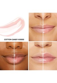 Glanzende lip swatches tonen drie verschillende huidtinten. Lichtroze vloeibare swatch met het label "Suikerspin Kussen." Soepele, glanzende, diverse texturen.