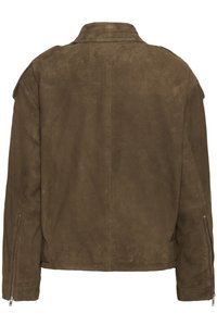 Bruine suède jas met een gestructureerde kraag, schouderepauletten en ritssluitingen aan de zijkanten. Zachte textuur en een eenvoudig ontwerp.