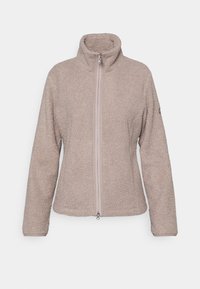 Ljust beige fleecejacka med hög krage, hela dragkedjan och strukturerad tyg. Funkar med långa ärmar och en diskret logotyp patch på vänster ärm.