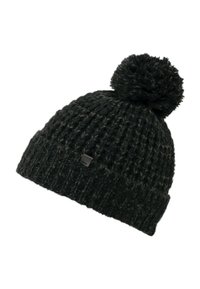 Czarna dziana czapka z teksturowanym wzorem, z dużym pomponem na górze i małą metką marki w pobliżu mankietu.