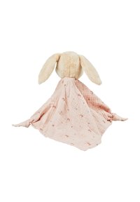 Soft plush bunny with cream-colored ears and a pink, patterned blanket-like body. The fabric features small, scattered colored dots and details.