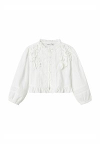 Blusa bianca cropped con tessuto testurizzato, dettagli arricciati, chiusura con bottoni e maniche lunghe. Presenta un collo rotondo e rifiniture decorative.