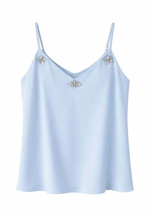 Camisole azzurro chiaro senza maniche con sottili spalline regolabili e tre decorazioni argentate a forma di fiore sulla parte anteriore.