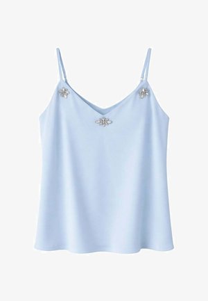 Camisole azzurro chiaro senza maniche con sottili spalline regolabili e tre decorazioni argentate a forma di fiore sulla parte anteriore.